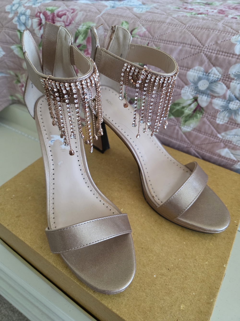 Adrienne Vittadini Rose Gold Crystal Fringe Ankle-Strap Heels